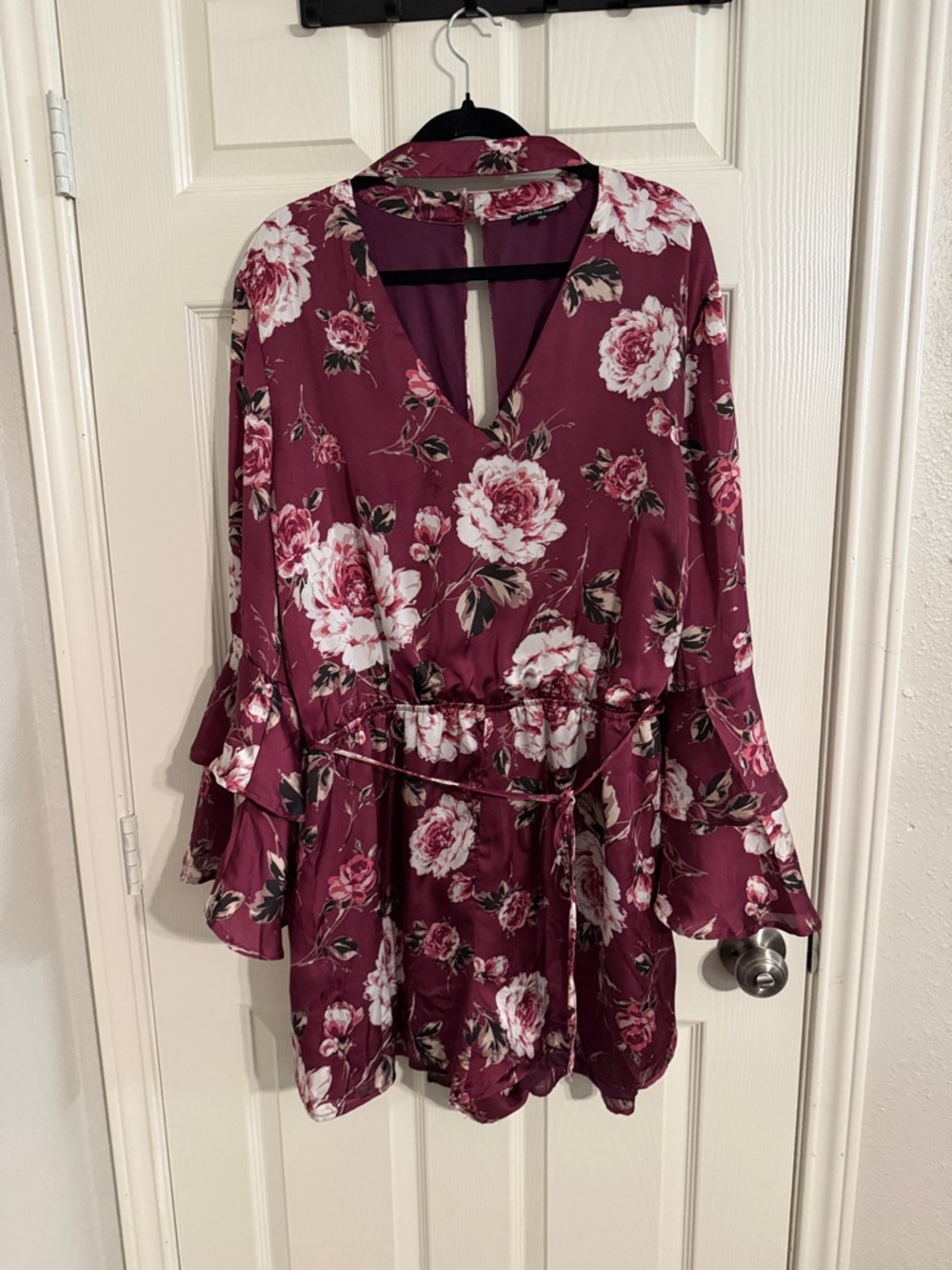 Charlotte Russe Burgundy Floral Long Sleeve V-Neck Romper